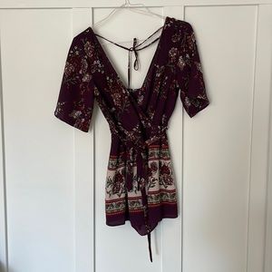 Miami brand, size M floral romper with waist tie and tie at upper back